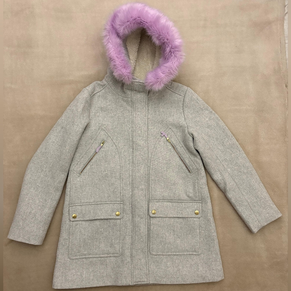 Jcrew Girl's Gray Wool Chateau Coat with Purple Pink Faux Fur Trim Size 14